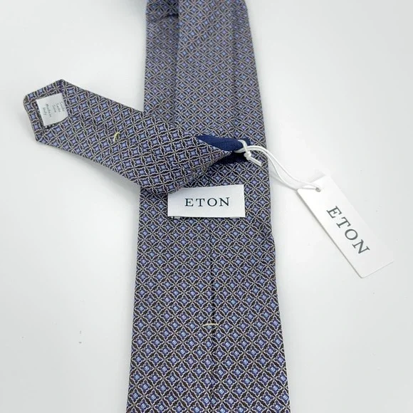 Eton Tie Mens Brown Blue Geometric 100% Silk Made‎ Italy Formal Necktie NWT